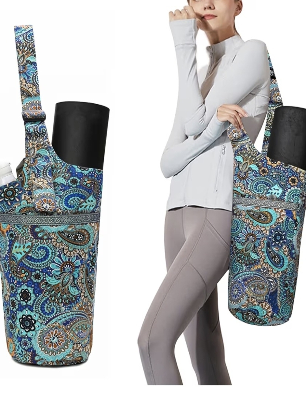 Blue Paisley Yoga Mat Tote Bag with Shoulder Strap